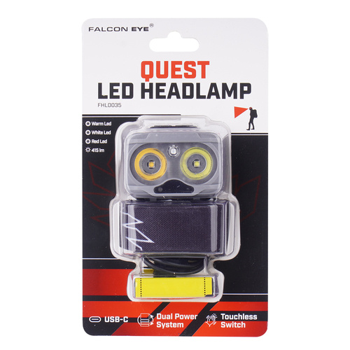 Falcon Eye - Stirnlampe Quest - 415lm - USB-C - Wiederaufladbar - Dual Power System - Grau - FHL0035